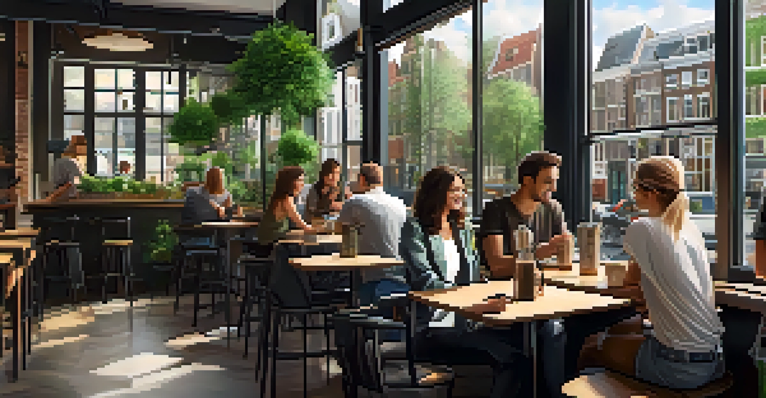 A contemporary Amsterdam cafe with patrons enjoying coffee and cannabis, featuring an artistic interior and bright, inviting light.