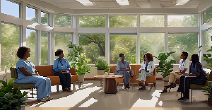 A healthcare office scene with diverse patients and providers having a friendly conversation in a well-lit environment.