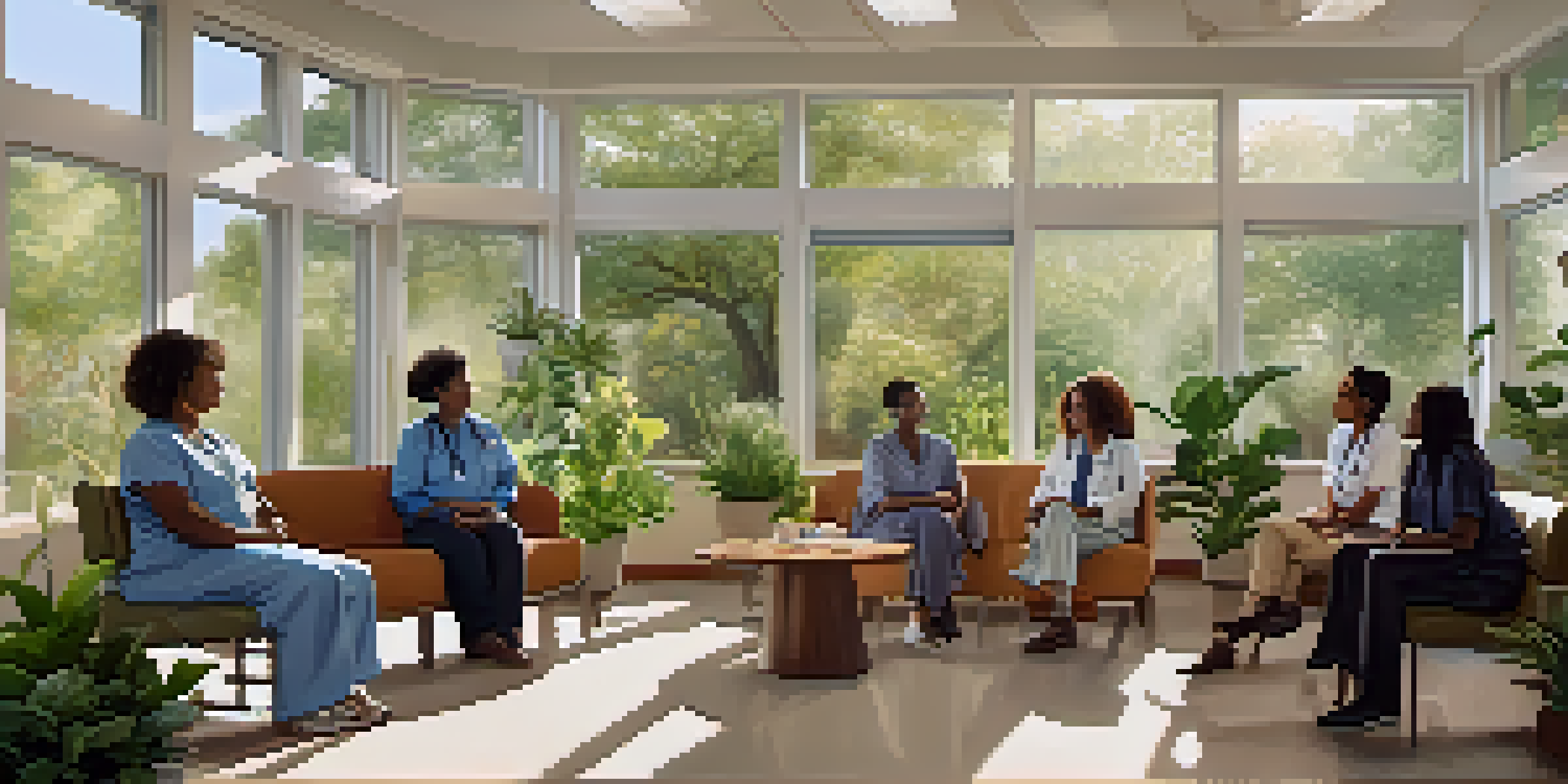 A healthcare office scene with diverse patients and providers having a friendly conversation in a well-lit environment.