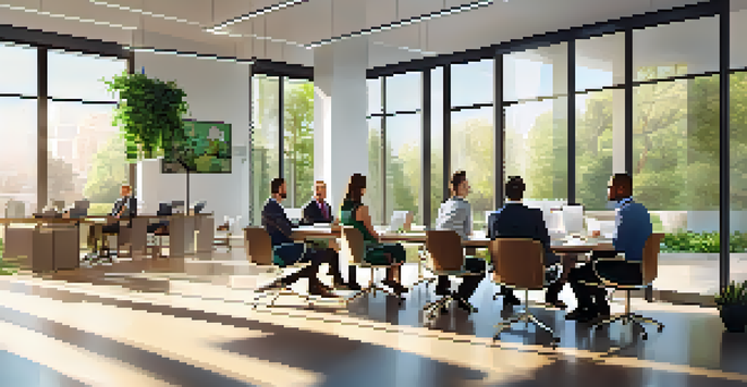 A diverse group of employees in a modern office discussing workplace policies, with natural light and contemporary decor.