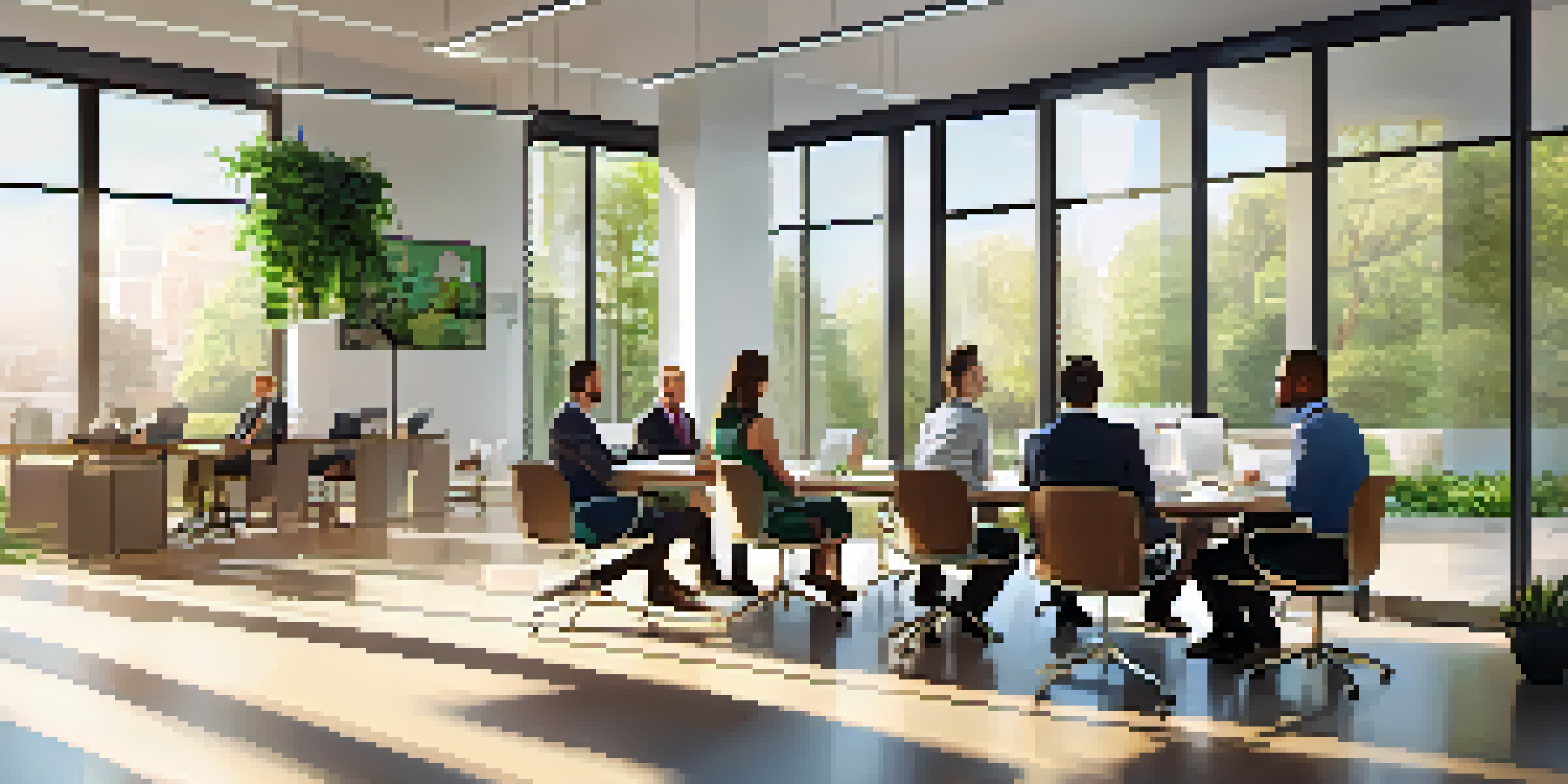 A diverse group of employees in a modern office discussing workplace policies, with natural light and contemporary decor.