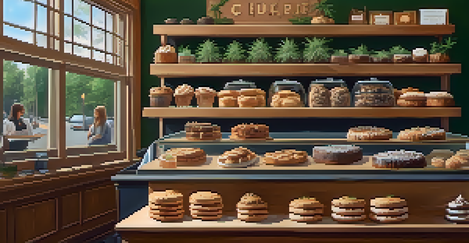 A cozy bakery display filled with cannabis-infused baked goods, creating a warm and inviting atmosphere for customers.