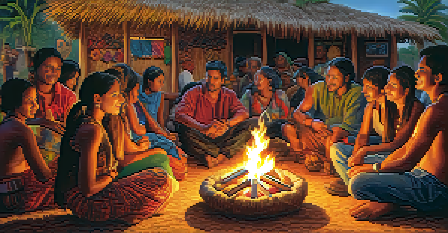 A community gathering in a South American village around a fire, sharing experiences and connection.