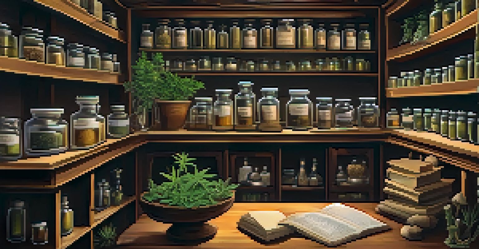 A vintage apothecary with shelves of herbs and jars in warm lighting, featuring a table with an open book on herbal remedies.