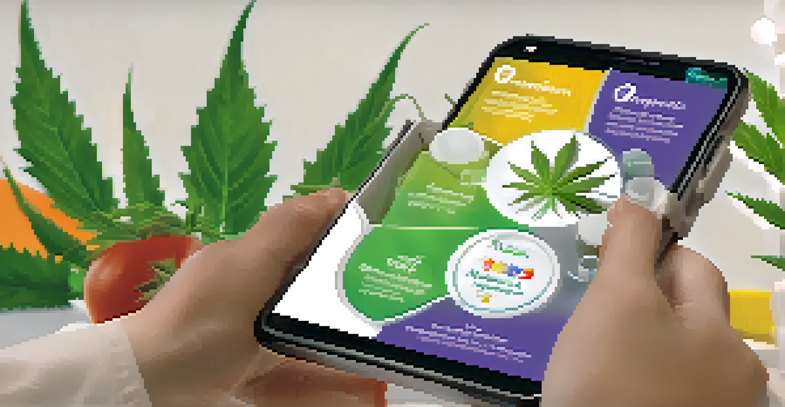 An interactive augmented reality setup where customers view educational content about cannabinoids and terpenes on their smartphones, featuring vibrant graphics.