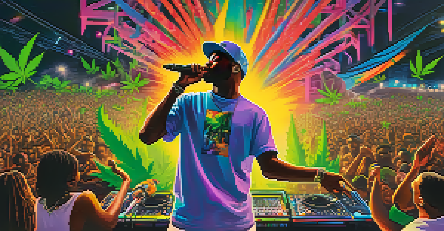 A hip-hop artist performing at a festival with bright lights and a crowd, featuring elements of cannabis culture.