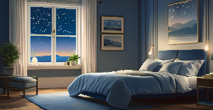 A tranquil bedroom with soft lighting, a cozy bed, a bedside table with a plant, and a window showing a starry night sky.