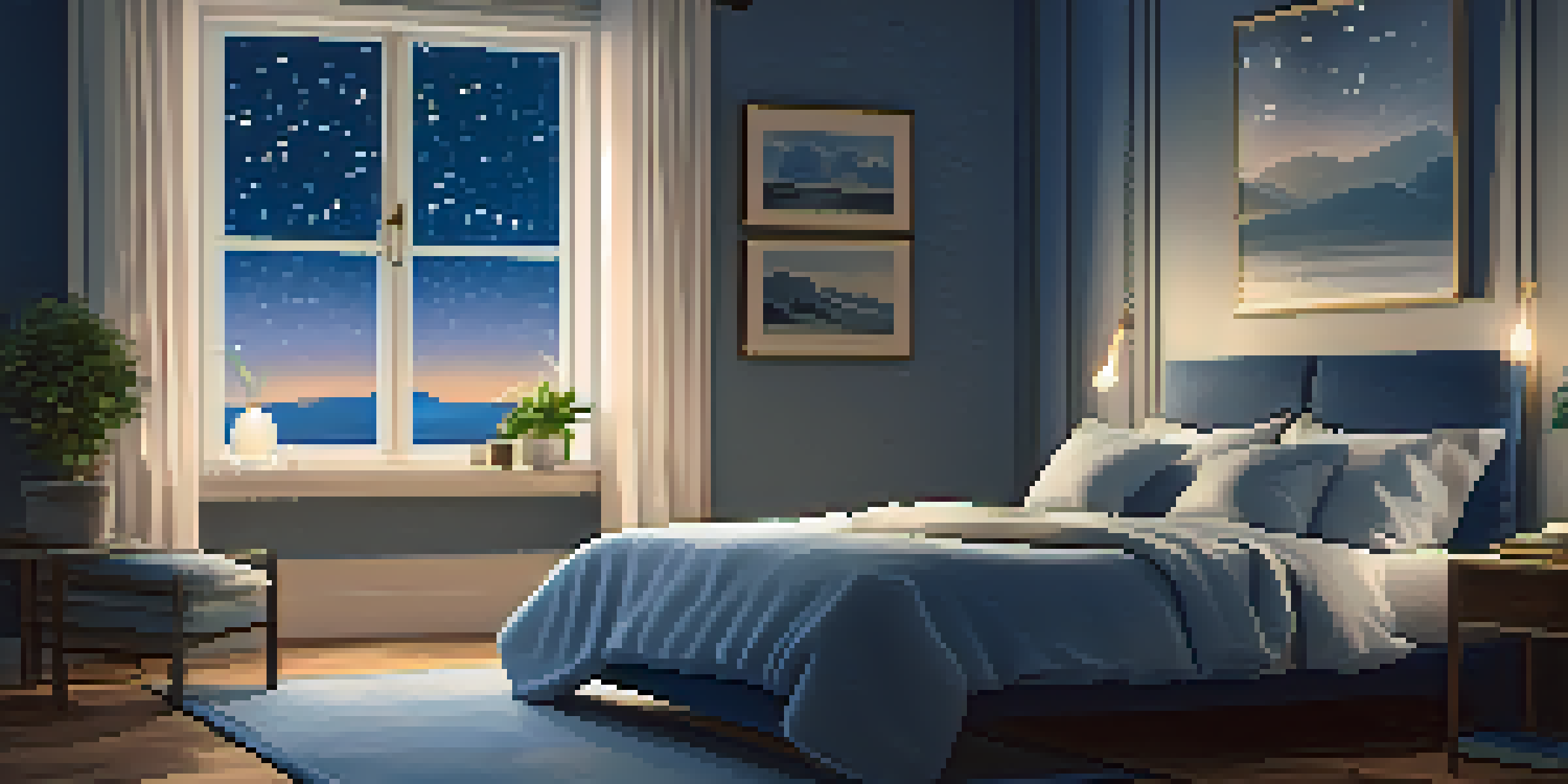 A tranquil bedroom with soft lighting, a cozy bed, a bedside table with a plant, and a window showing a starry night sky.