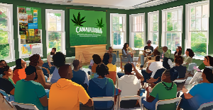 A diverse group of individuals participating in a community workshop about marijuana education, seated in a circle with educational materials around them.