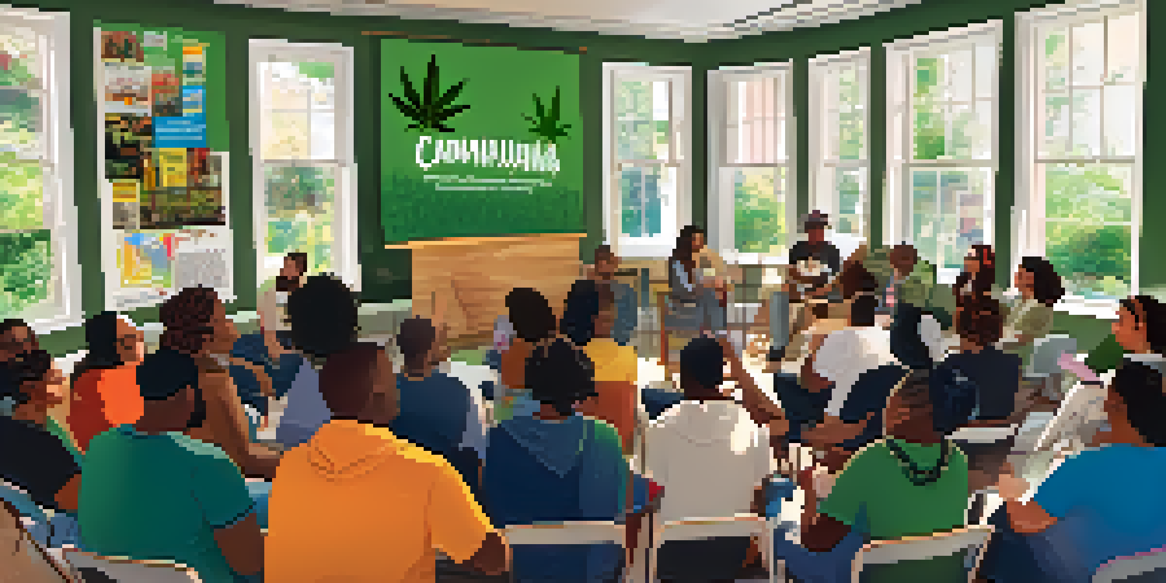 A diverse group of individuals participating in a community workshop about marijuana education, seated in a circle with educational materials around them.