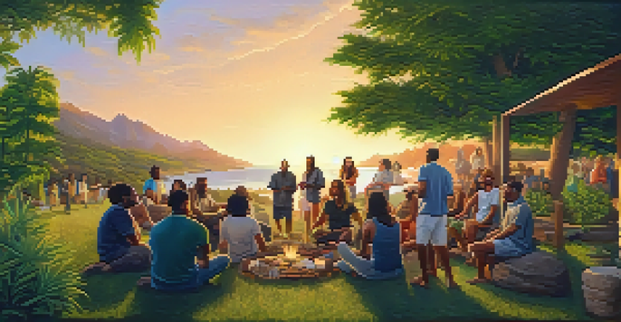 A diverse group of people in a green outdoor setting sharing stories about cannabis culture, with gentle sunset lighting.