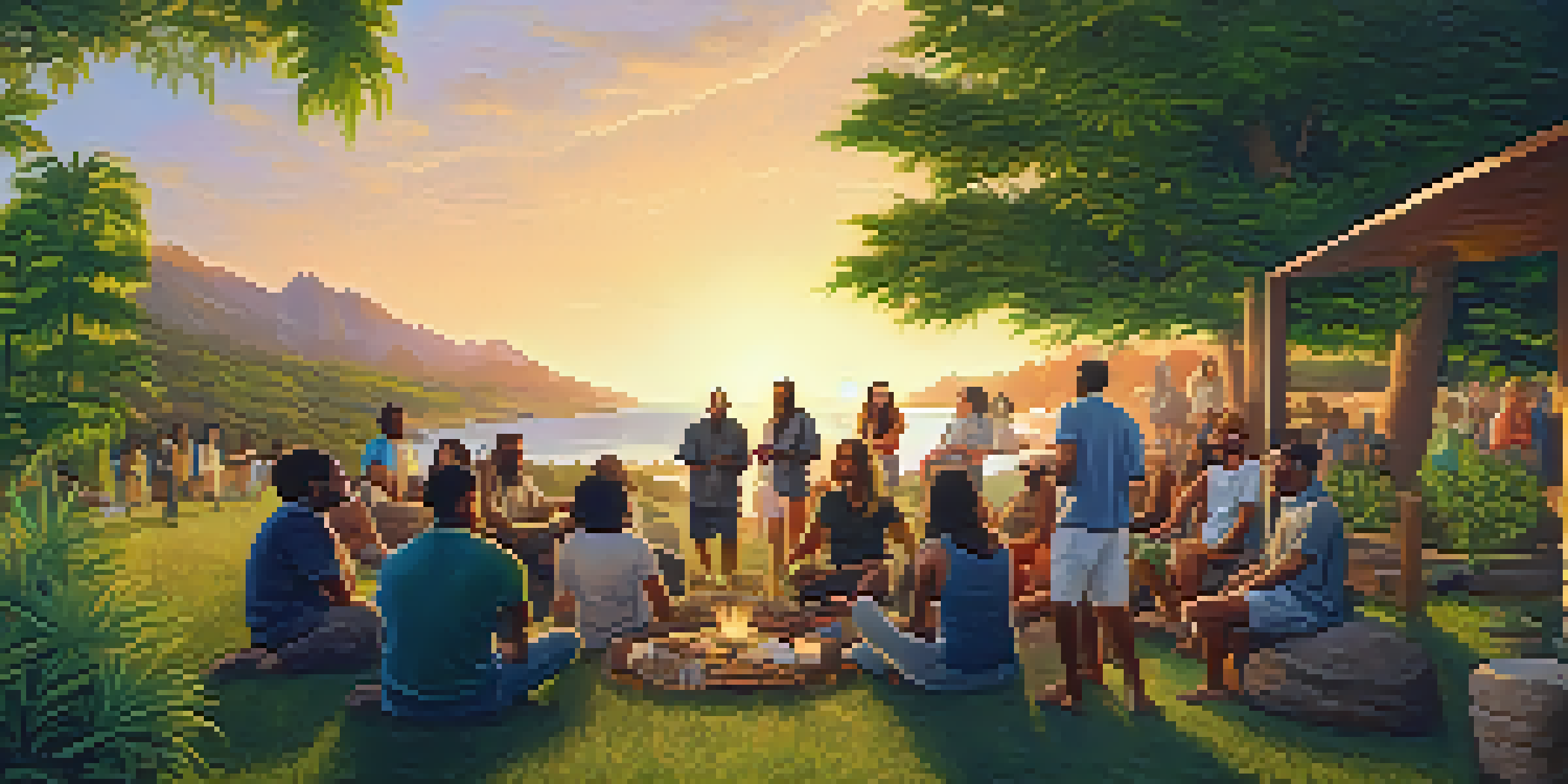 A diverse group of people in a green outdoor setting sharing stories about cannabis culture, with gentle sunset lighting.