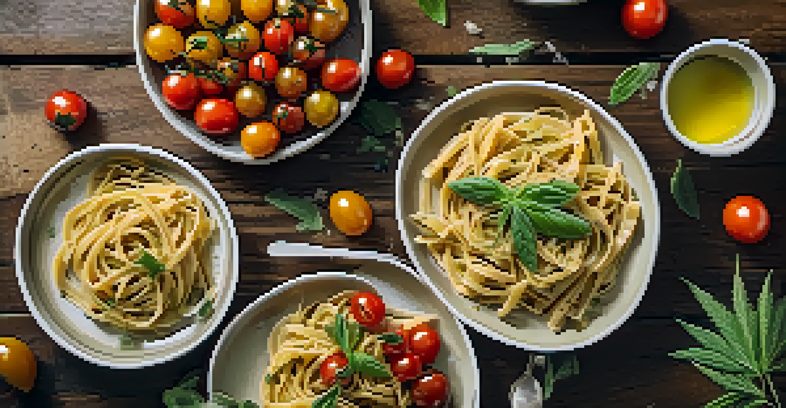 An overhead view of a wooden table with a plate of pasta drizzled with cannabis-infused olive oil, surrounded by colorful ingredients, in warm lighting.