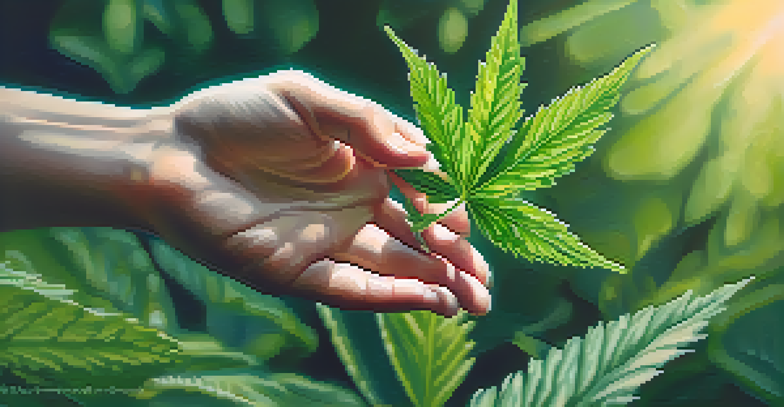 Close-up of hands holding a green cannabis leaf against a blurred nature background.