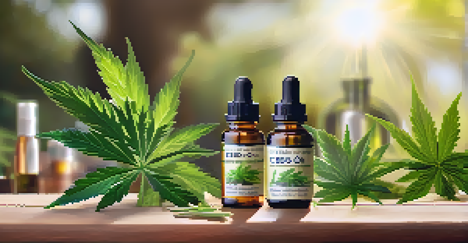 High-quality CBD oil bottles are placed on a wooden table with cannabis leaves, and a happy dog is playing in a blurred garden background.