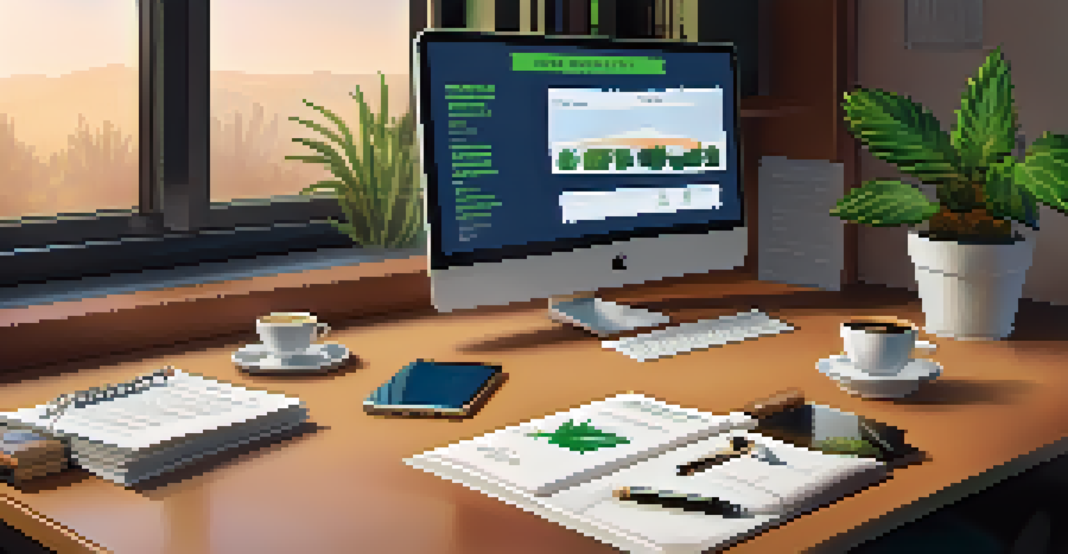 An office desk with a computer screen showing cannabis industry data privacy regulations, surrounded by legal documents and a cactus plant.