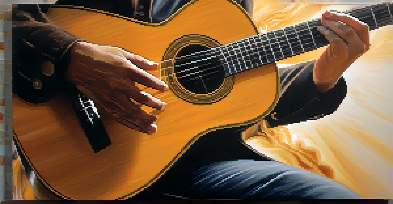 A close-up view of a musician's hands on an acoustic guitar, surrounded by a soft haze, highlighting the finger placements.