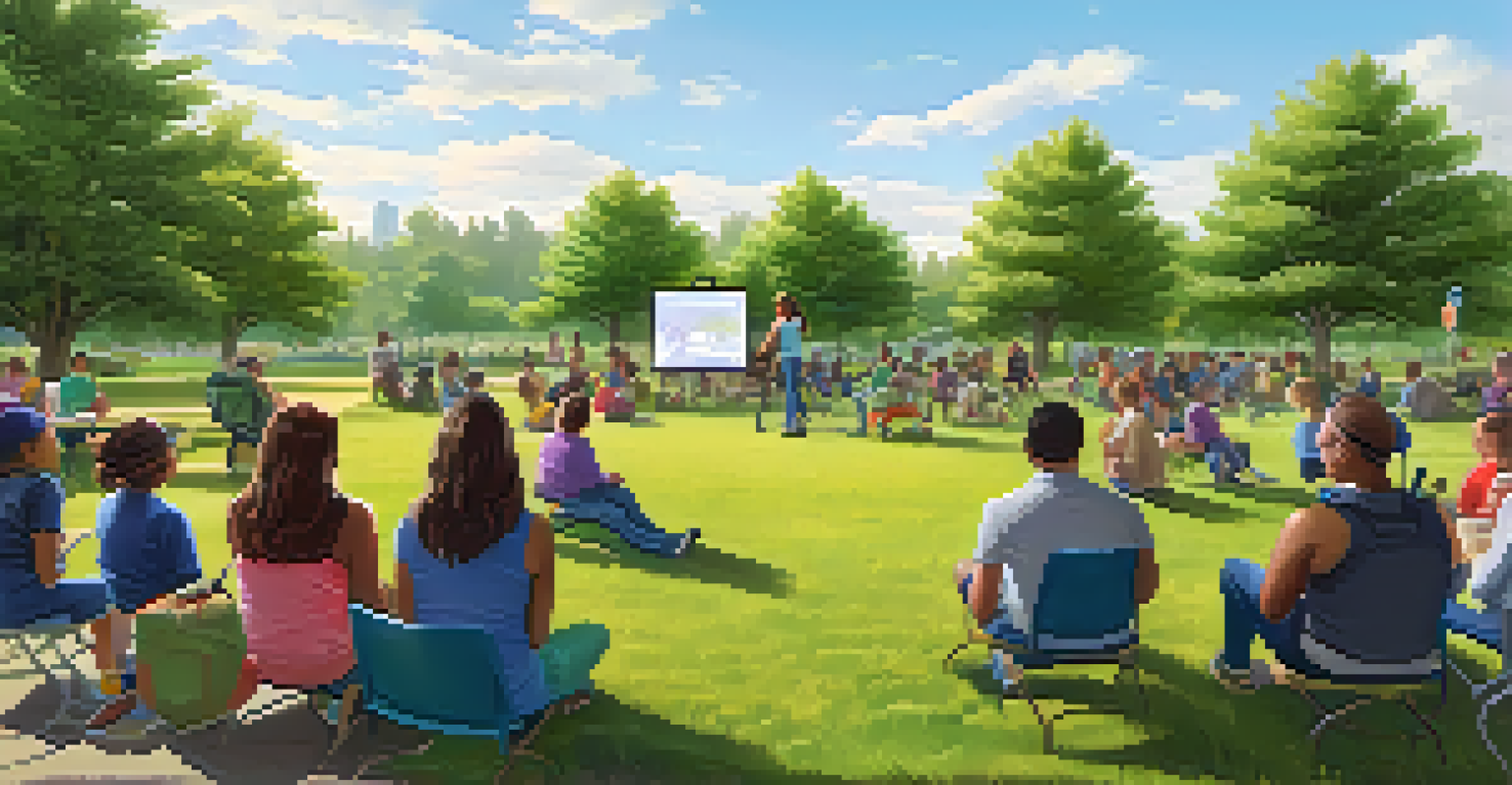 A community workshop in a park where parents and guardians participate in a marijuana education session, with a facilitator using a projector.