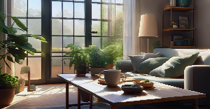 A warm and inviting living room with a couch, coffee table, and a view of a garden outside.