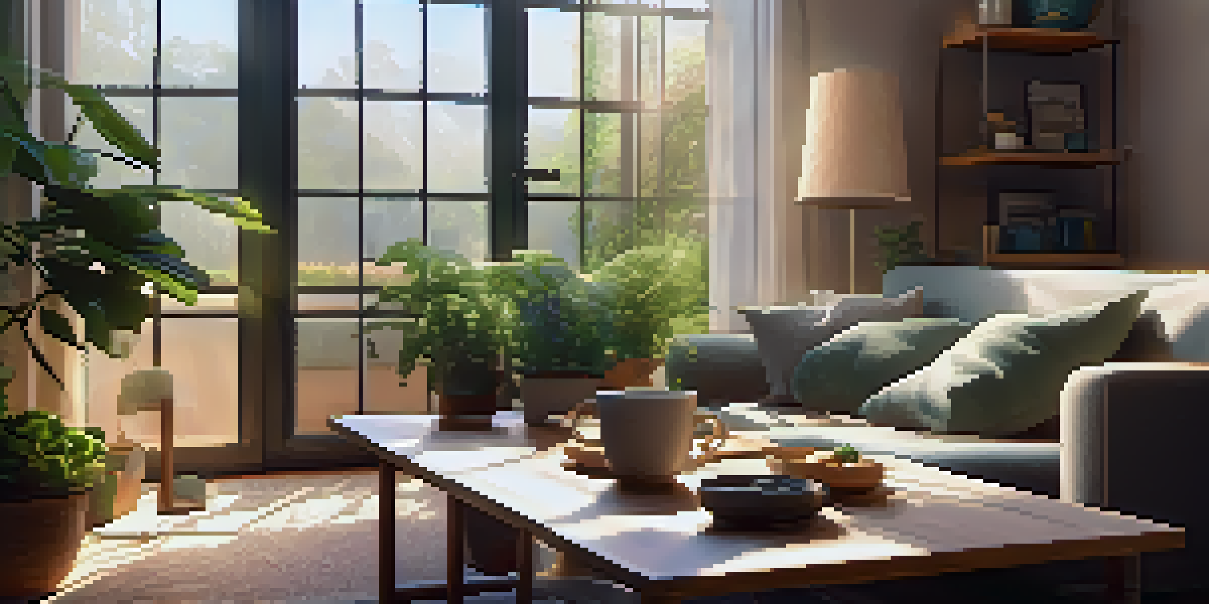 A warm and inviting living room with a couch, coffee table, and a view of a garden outside.