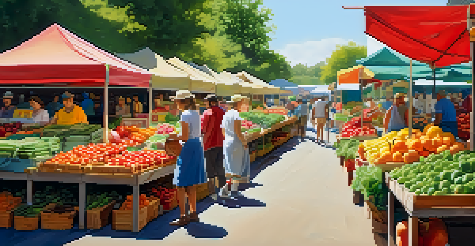 A lively farmers market with colorful fruits and vegetables, shoppers, and vendors under bright banners.