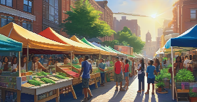A lively street market with diverse people discussing marijuana legalization, colorful stalls, and plants on display under a warm sun.