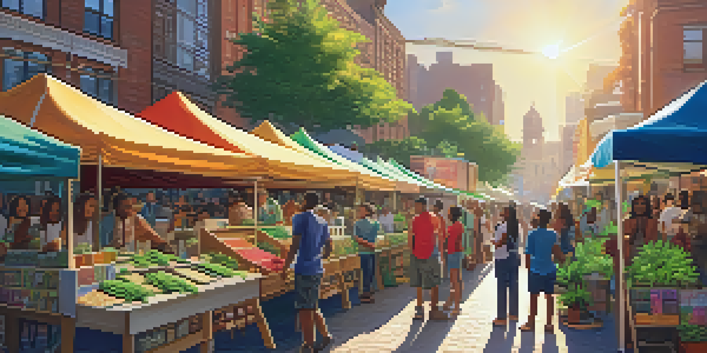 A lively street market with diverse people discussing marijuana legalization, colorful stalls, and plants on display under a warm sun.
