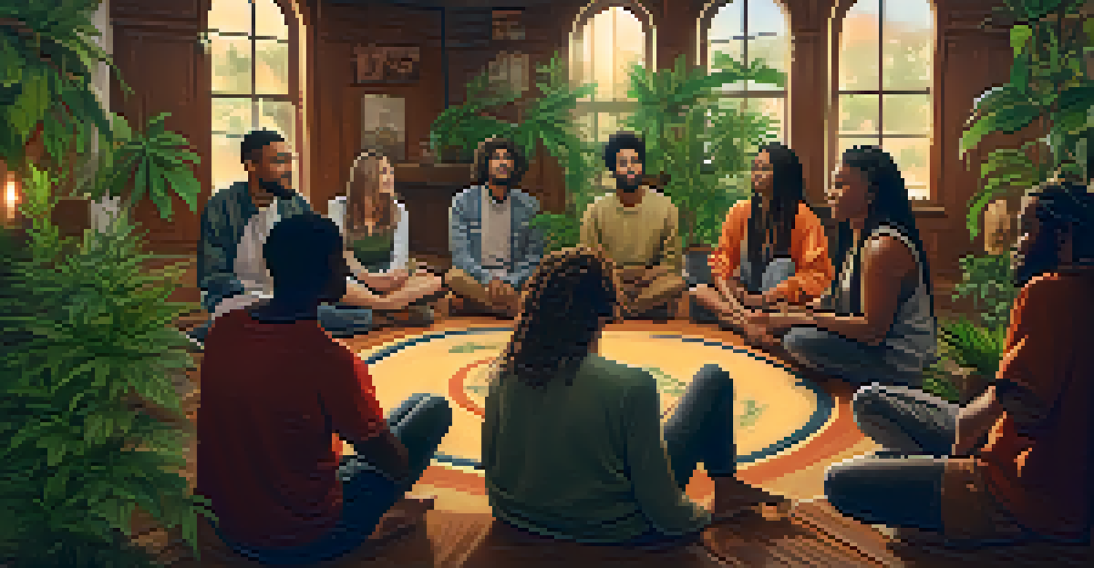 A diverse group of people engaging in discussion about cannabis in a warm indoor setting, each holding different cannabis products.