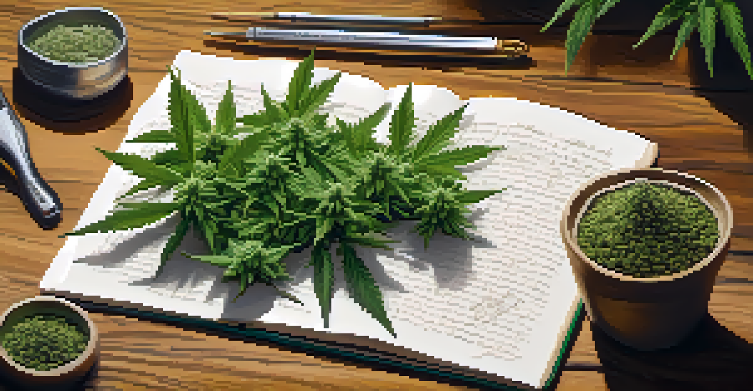 A detailed close-up of organic cannabis buds on a wooden table, surrounded by gardening tools and notes.