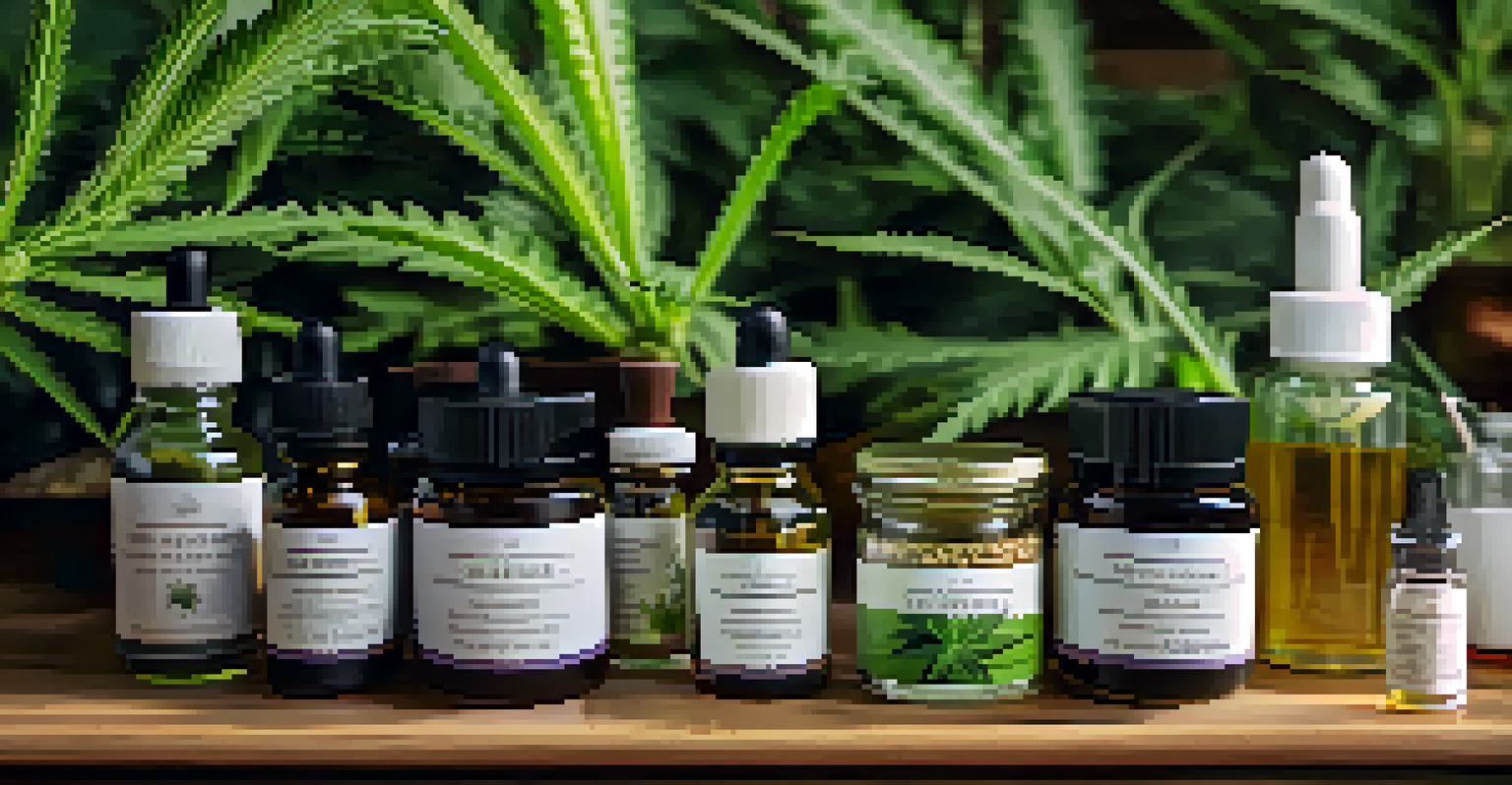 A close-up of cannabis products like tinctures and oils displayed on a wooden table with green plants in the background.