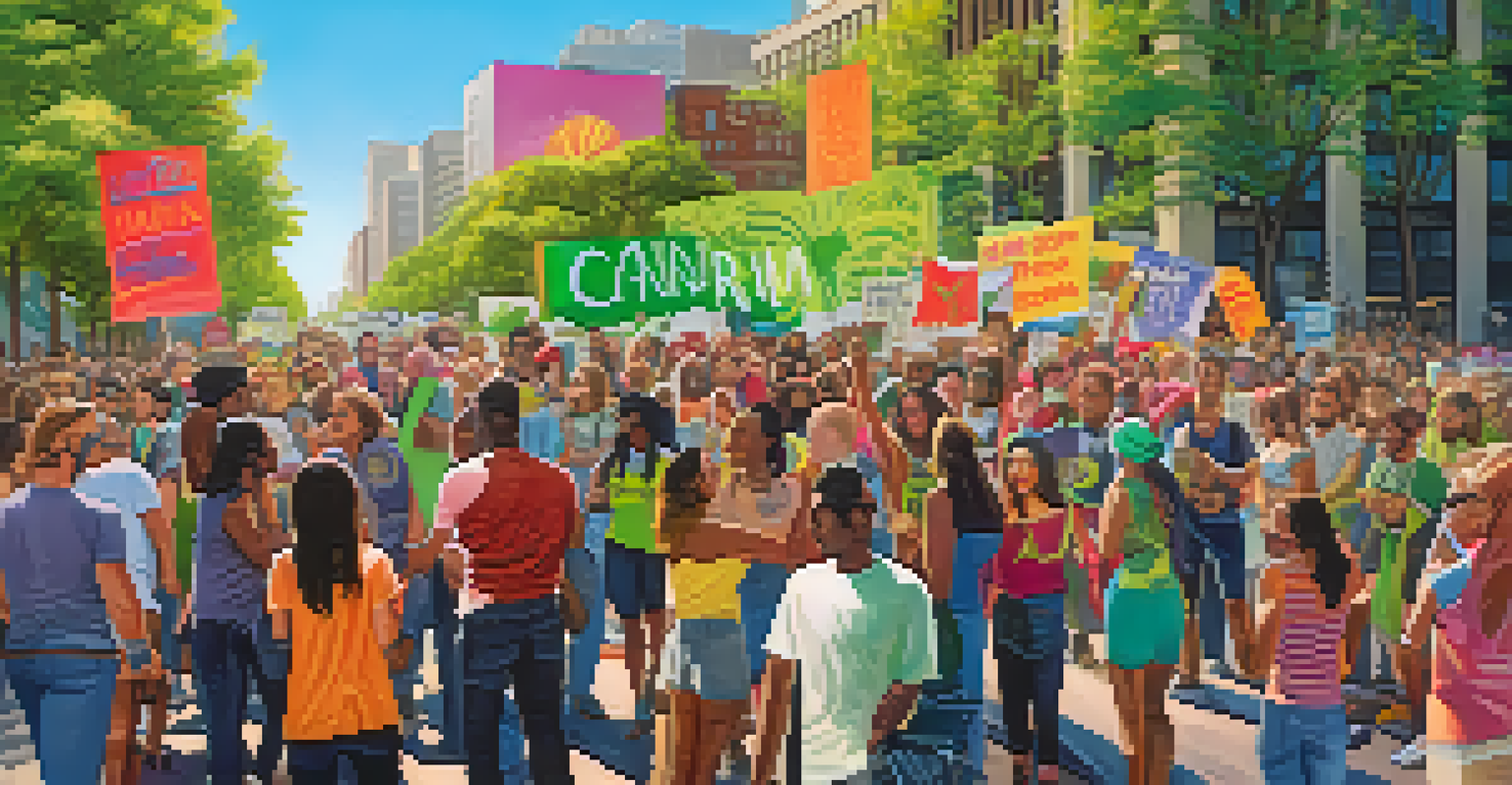 A lively cannabis activism rally with diverse participants holding banners in an urban setting, filled with sunlight and energy.