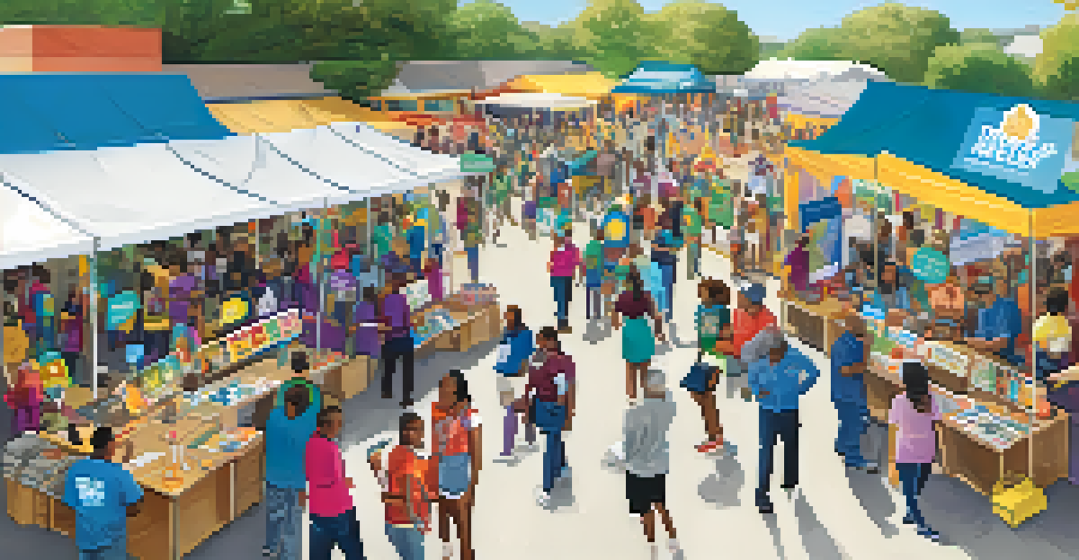 A community health fair with booths on drug education and recovery resources, featuring diverse attendees.