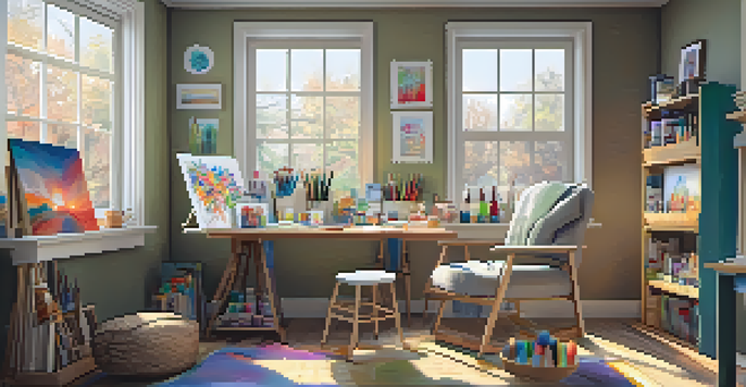 A bright and inviting room with art supplies, a canvas, and colorful paintings on the walls, illuminated by natural light.