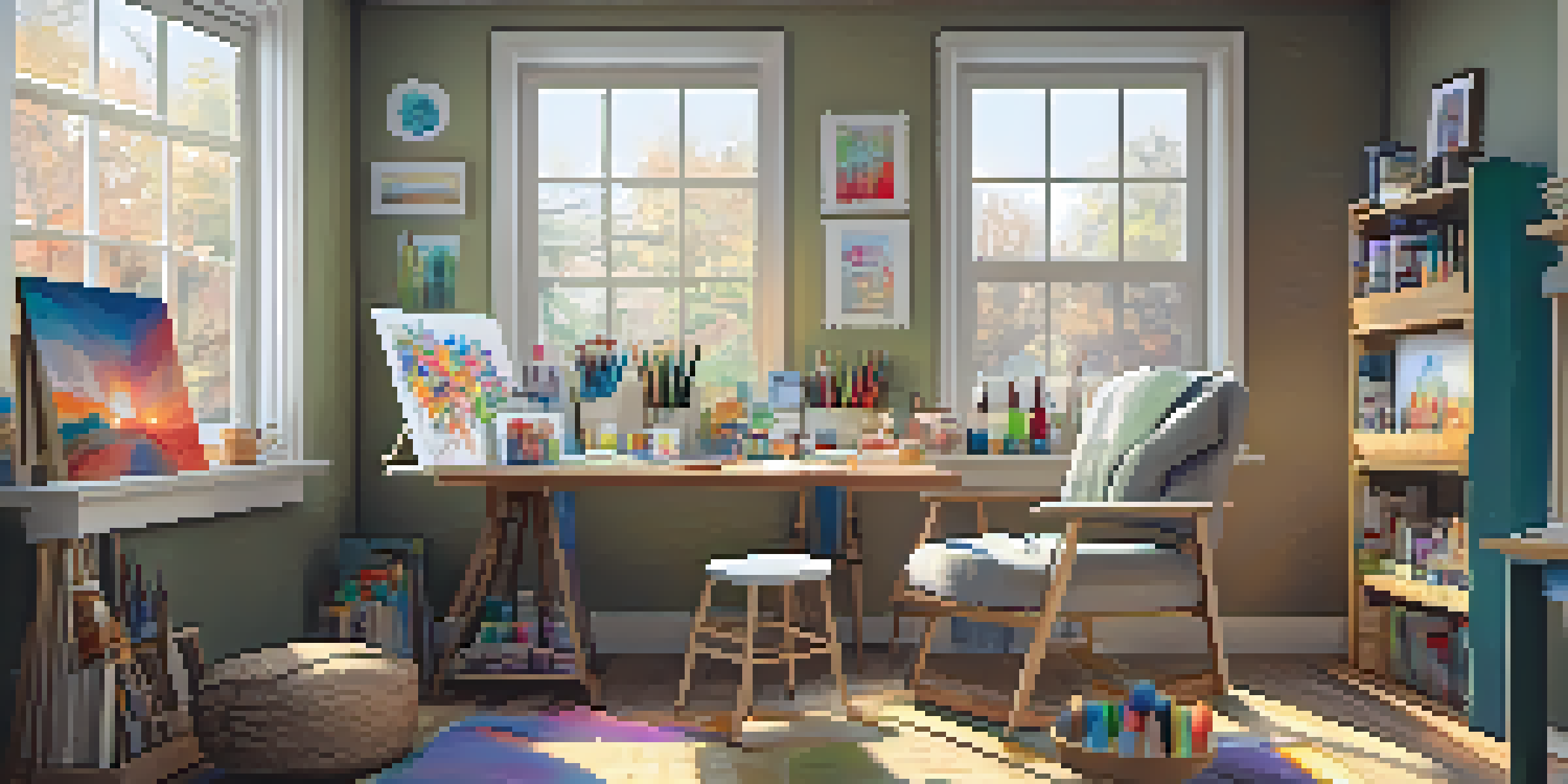 A bright and inviting room with art supplies, a canvas, and colorful paintings on the walls, illuminated by natural light.