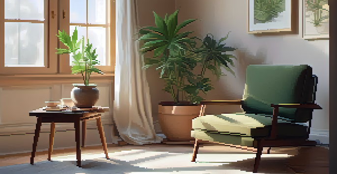 A cozy indoor space with an armchair, a candle-lit table, and a potted cannabis plant, illuminated by soft natural light.