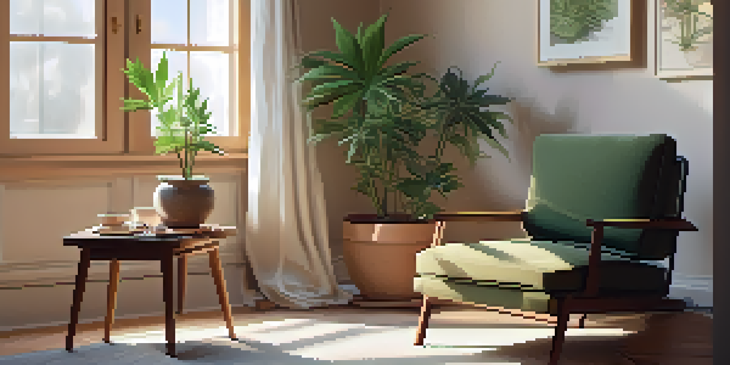 A cozy indoor space with an armchair, a candle-lit table, and a potted cannabis plant, illuminated by soft natural light.