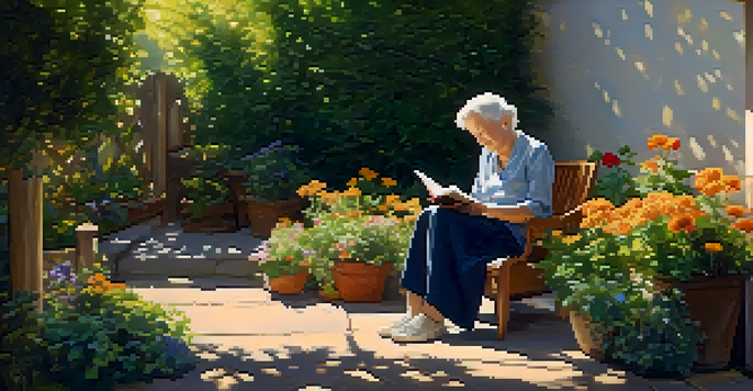 An elderly person reading a book in a sunlit garden filled with colorful flowers.