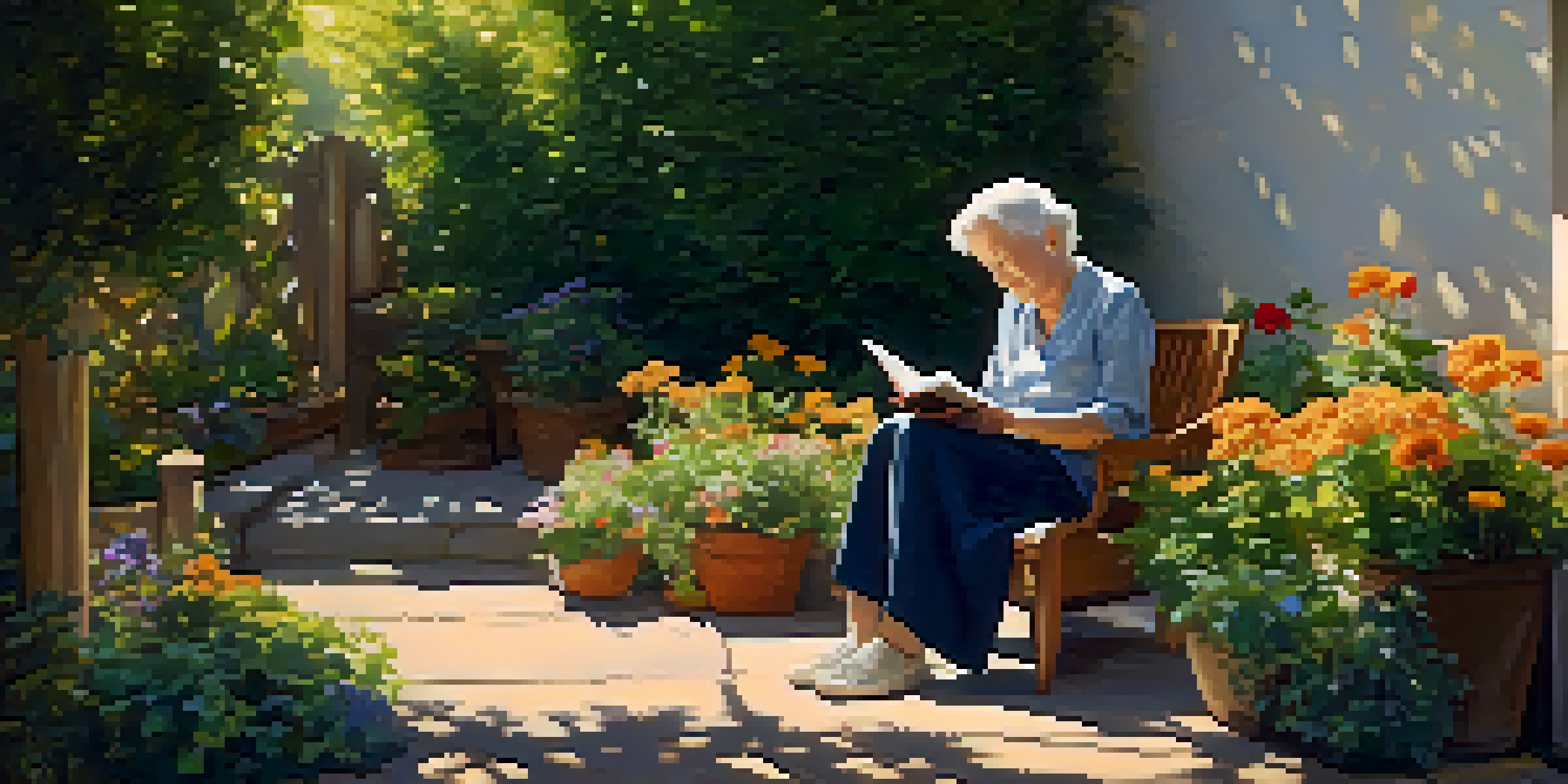 An elderly person reading a book in a sunlit garden filled with colorful flowers.