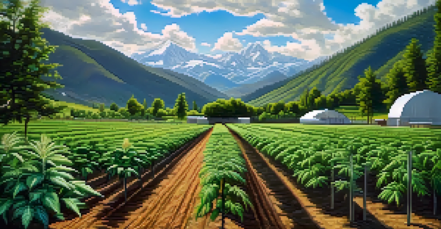 An outdoor marijuana farm with healthy plants and a farmer using organic fertilizers under a clear blue sky.