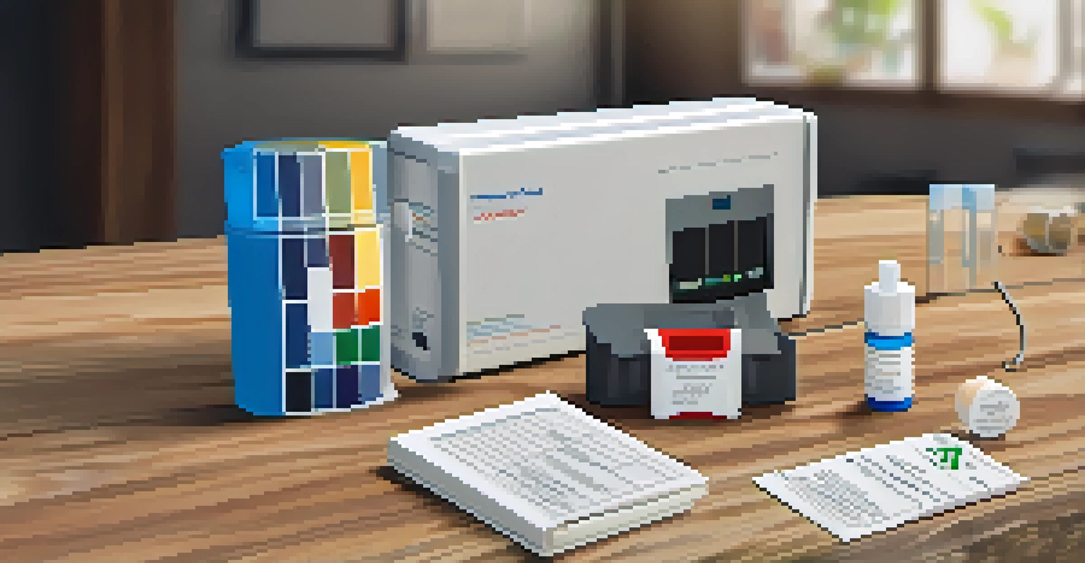 A close-up of a drug testing kit on a wooden desk, highlighting its components.