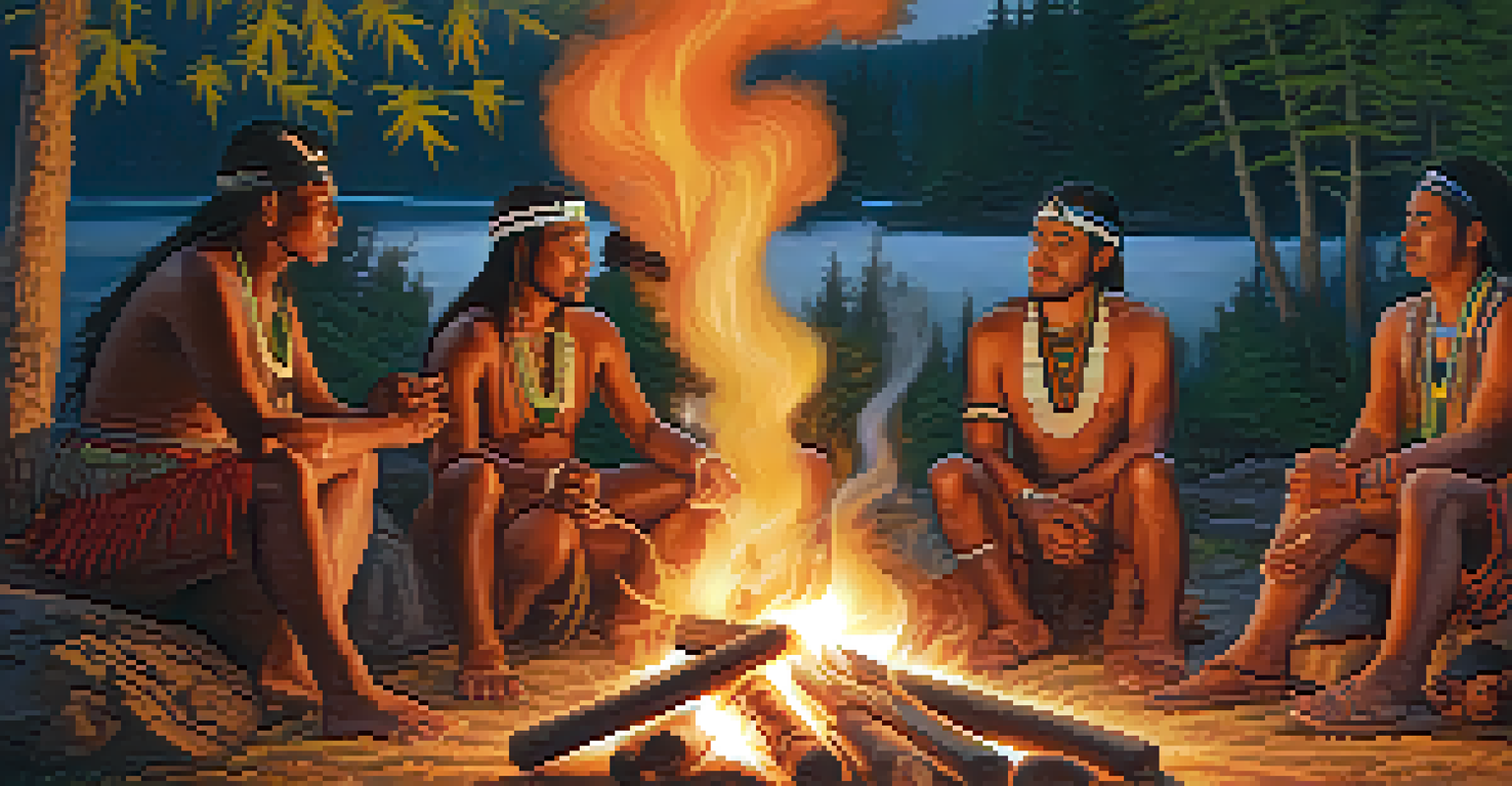 Indigenous peoples gathered around a fire in a ceremonial setting, engaging in rituals involving marijuana.