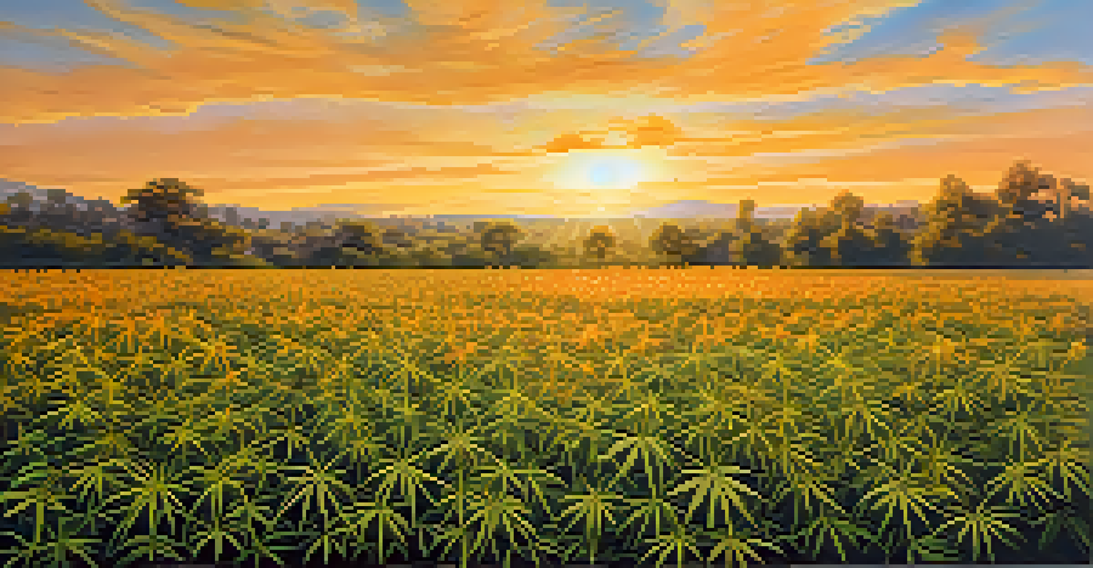 A field of cannabis plants under a golden sunset, creating a serene outdoor scene.