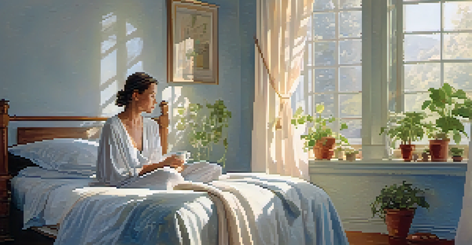 A woman in her late 40s sitting on the edge of her bed, sipping herbal tea in a serene bedroom filled with soft light and calming decor.