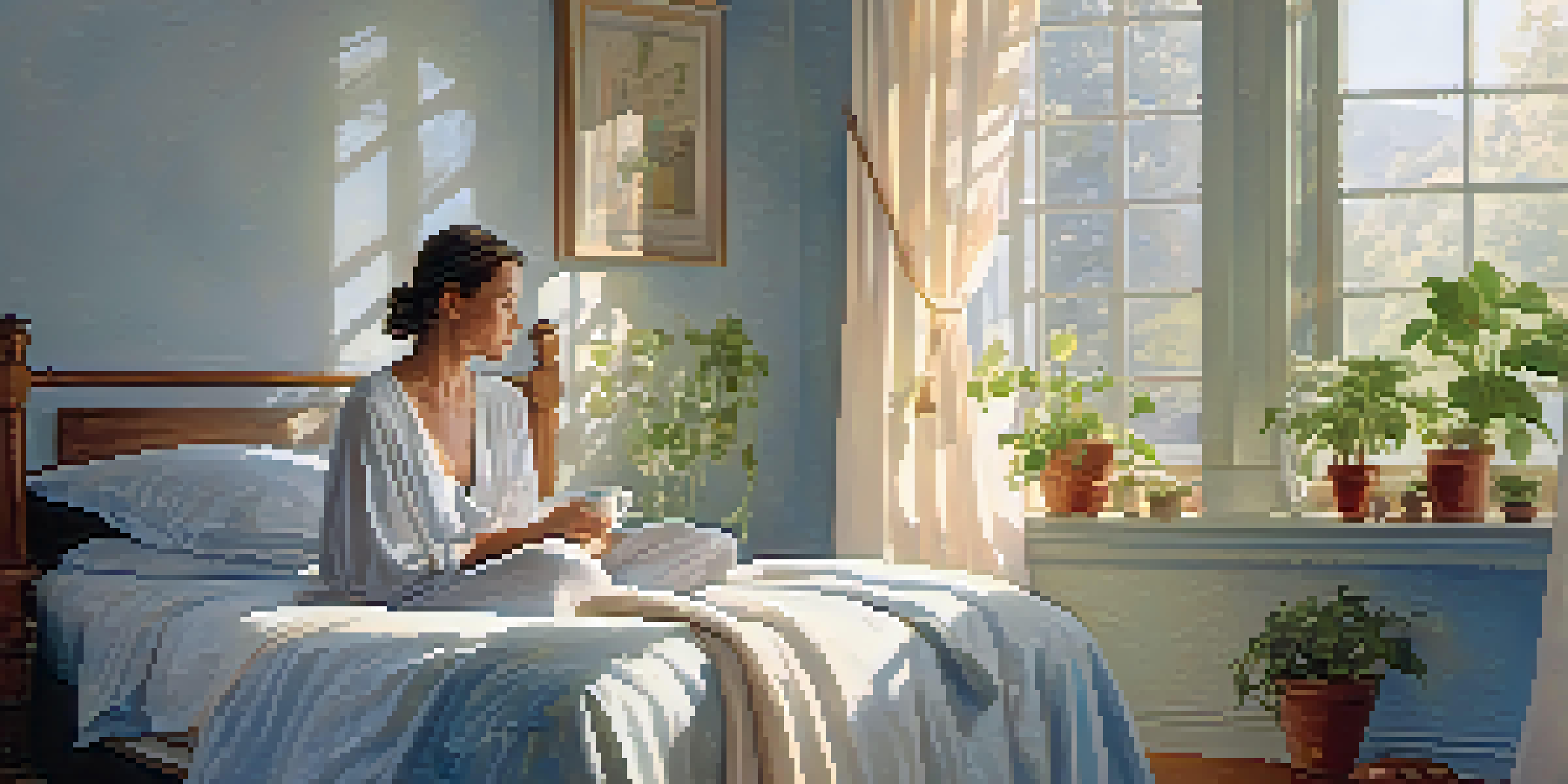 A woman in her late 40s sitting on the edge of her bed, sipping herbal tea in a serene bedroom filled with soft light and calming decor.