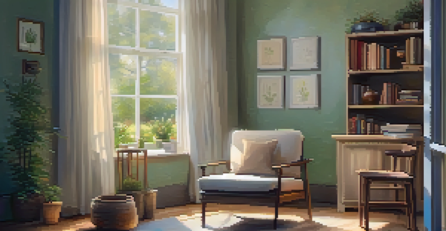 A cozy relaxation space with an armchair, a cup of tea, and a view of a garden.