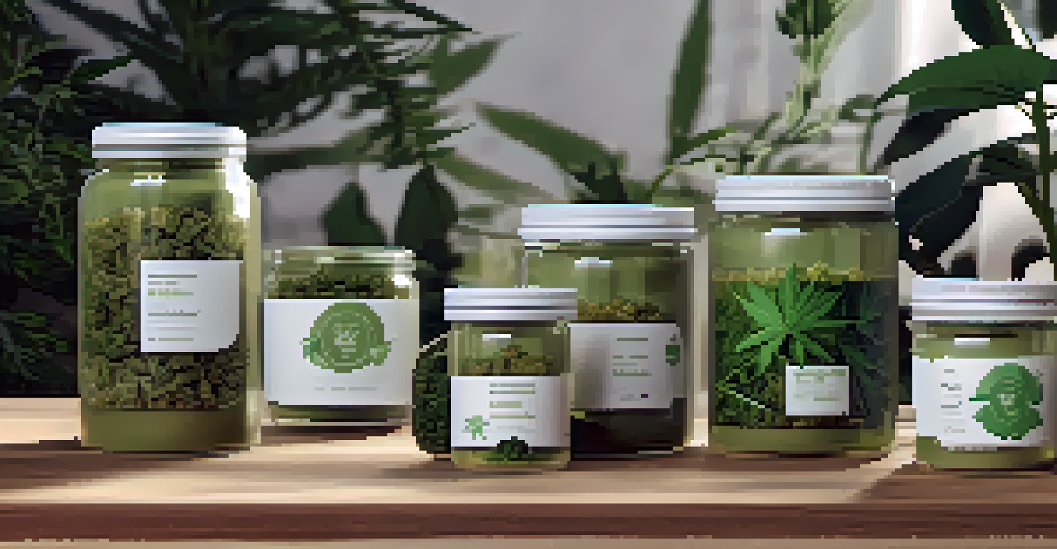 Sustainable cannabis product packaging displayed on a wooden table, including biodegradable containers and reusable jars, with greenery in the background.