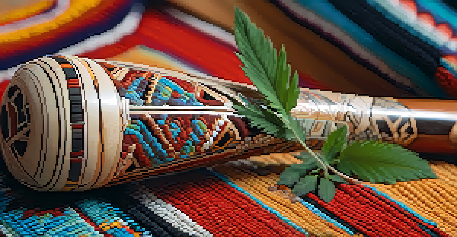 A detailed view of a ceremonial pipe and dried cannabis, set on vibrant woven textiles, illuminated by soft light.