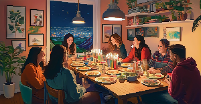 A group of friends gathered indoors, engaged in a creative art session with warm lighting and colorful supplies around them.