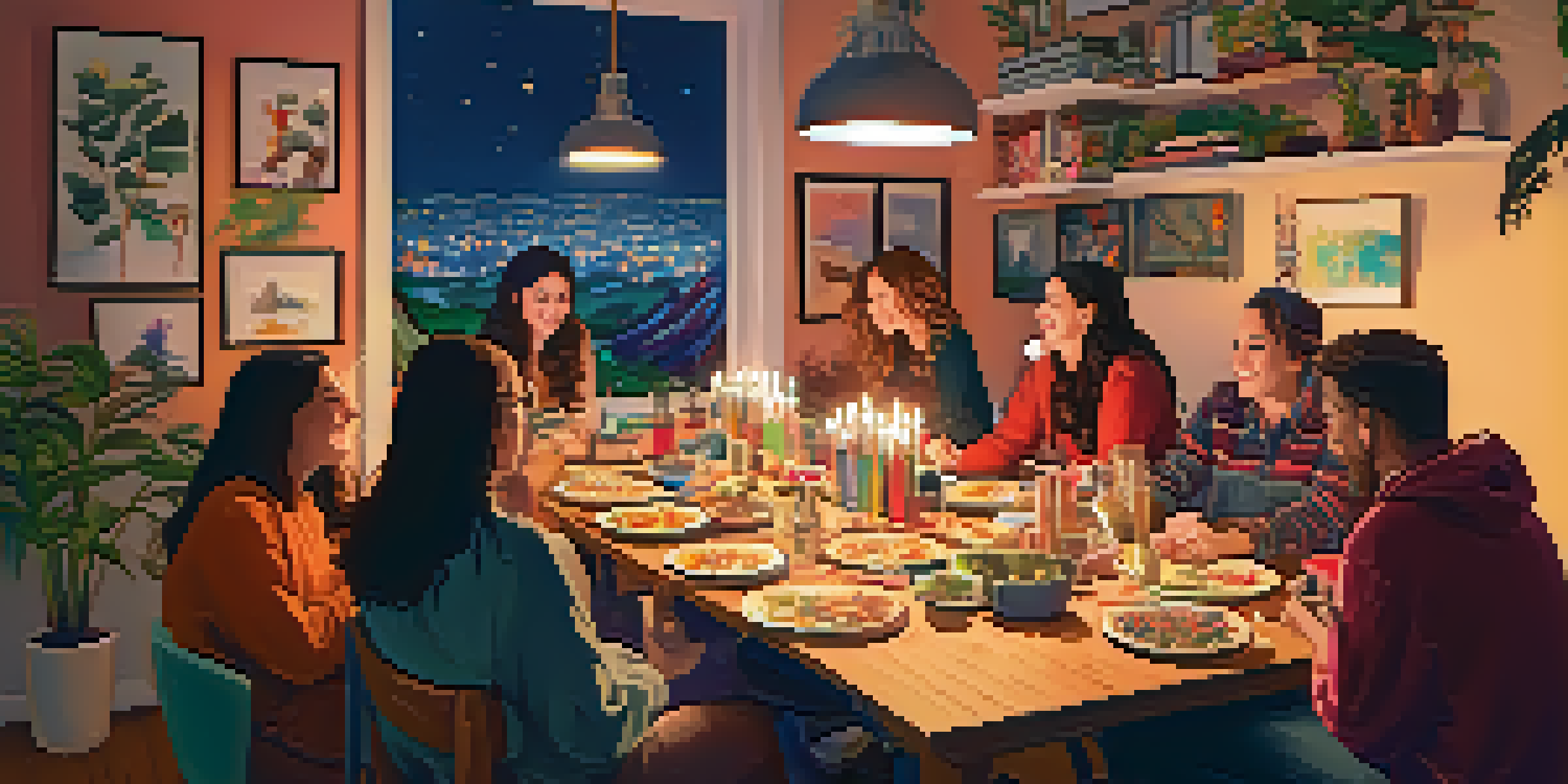 A group of friends gathered indoors, engaged in a creative art session with warm lighting and colorful supplies around them.