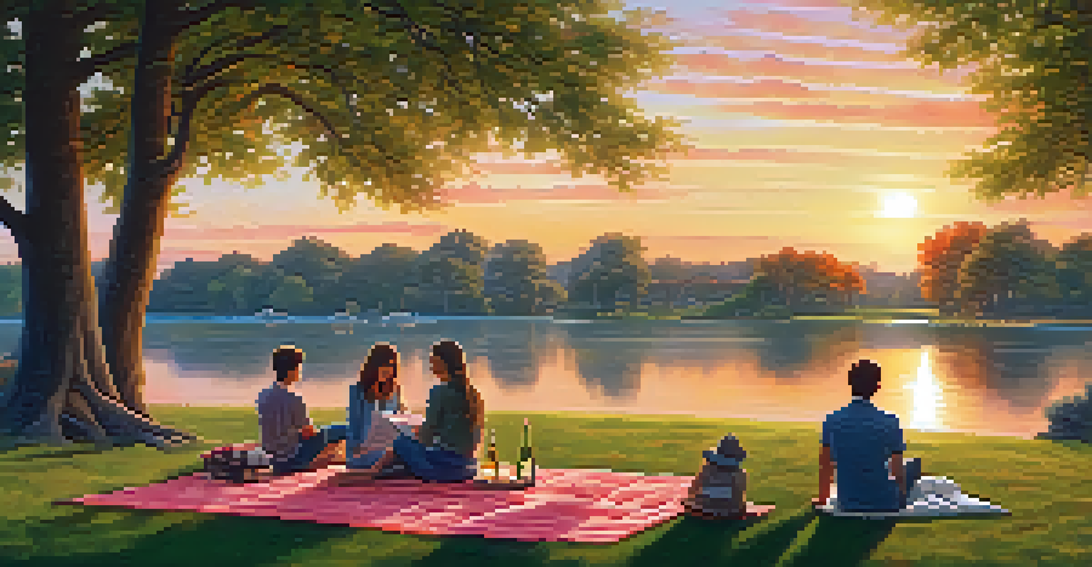 A tranquil park scene at sunset with people enjoying leisure activities in a serene environment.
